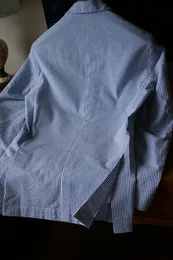 Мужские летние мягкие костюмы из хлопчатобумажного хлопка в синюю полоску, пляжные деловые смокинги для отдыха, пальто, мужская куртка для жениха, жилет, брюки271B
