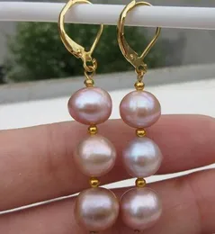 Hermosa un Par de Natural Extraño de Los Mares del Sur, Rosa Púrpura Pendientes de Perlas 14 K / 20