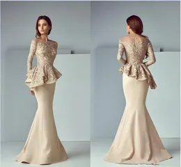 2023 Hot Mermaid Mutter der Braut Kleider Sheer Neck Spitze Applikationen Lange Ärmel Schößchen Bodenlangen Brautkleider Plus Size Mütter Kleider