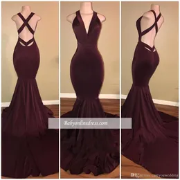 African Black Girls Burgundy 2k19 Mermaid Prom Dresses Deep V Neck Open Back Simple Floor Length Formal Evening Dresses Party Gown2665