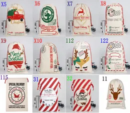 10 stks / partij 2019 Nieuwste Creative Santa Claus Trekkoord Canvas Santa Sack Kerstcadeau Bag Pouch 12 stijlen