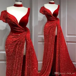 Sexy Amazing Red Sequined Prom Dresses Long Sheath High Split Front Evening Dress Formal Party Dress Vestidos De Marriage Customized