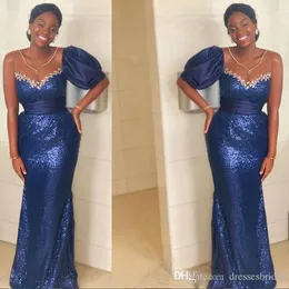 Royal Arfrica Style Blue Prom Mermaid Aso Ebi One Shoulder Sexig Lace Sequined Short Sleeve Formal Evening Dresses Custom Made Made