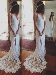 2019 Sexy Boho Mermaid Dresses Lace Sweep Train Side Slit Backless Spaghetti Straps Custom Made Beach Wedding Gowns