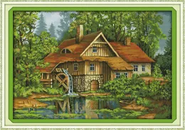 Cabin with water truck scenery home decor painting ,Handmade Cross Stitch Embroidery Needlework sets counted print on canvas DMC 14CT /11CT