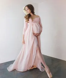 Chiffon-Umstandskleider für Fotoshootings mit langen Ärmeln, vorne geschlitztes schwangeres Kleid, schulterfrei, maßgeschneidertes Maxikleid SD3421