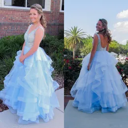 2020 light Sky Blue quinceanera dresses V Neck Backless Prom Dresses Ruffles cascading ruffles evening Gowns for Sweet 16 vestido 15 anos