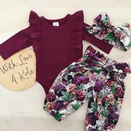 スウィートベビープリンセスガール服セットフライスリーブロンパー+フローラルパンツ+ヘッドバンド服秋着0~18m