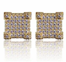 Wholesale-New Custom Iced Out Gold Color Micro Paved Zircon Square Stud Earring with Screw Back Bling Jewelry for Women & Male