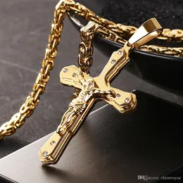 Fashion Jesus Cross Crystal Pendant Necklace Link Byzantine Gold Color Stainless Steel Men Jewelry