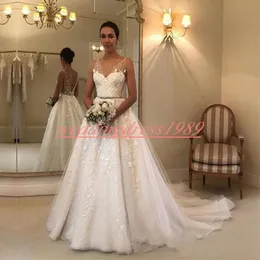 Vacker V-Neck Floral Bröllopsklänningar Tulle 2019 Sheer Sash Lace A-Line Train Plus Size Vestido de Novia Custom Formal Bridal Gown Bride