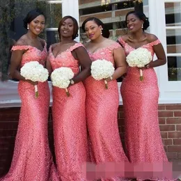 Mermaid Lace Bridesmaid Coral Dresses Cap Sleeves Beaded Neckline Sweep Train Cheap Plus Size Custom Made Country Maid of Honor Gown