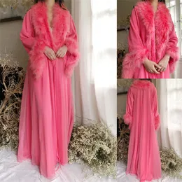 Hot Sell Coral Wedding Robes V-neck Long Sleeves Chiffon Feather Ruched Bridesmaid Robe Floor-length See Through Night Gown For Women