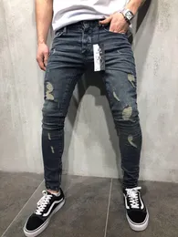 Mode herrjeans Straight Slim Fit Biker Jeans Byxor Distressed Skinny Ripped Destroyed Denim Jeans Tvättade Hiphop Byxor