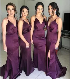 Purple Druhna Sukienki Mermaid Spaghetti Paski Ruched Platy 2020 Najnowszy Side Slit Maid of Honor Suknia Kraj Wedding Gościa Zużycie