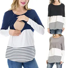 Kvinnor Lace Striped Tees Maternity Toppar Vår Höst Långärmad Färg Matchande T Shirt Gravid Kvinna Korsa Breastfeeding Kläder C5788