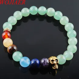 WOJIAER 8mm Green Aventurine Stone Round Beads Ghost Head Strands Bracelets 7 Chakra Healing Mala Meditation Prayer Yoga Women Jewelry K3237