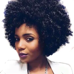 SHUOWEN Syntetyczna peruka Afro Kinky Curly Simulation Human Hair Soft Black Full Wigs HRTT-02