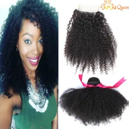 Brasiliansk Afro Kinky Curly Hair With Closure 3 Bundlar Brasilianska Human Hair Extensions Afro Kinky Curly med 4x4 Lace Closure