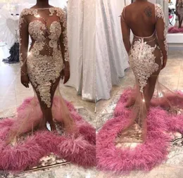 Luxury Feathers Mermaid Evening Dresses Sparkly Appliqued Beaded Illusion Bodice Sweep Train Plus Storlek Prom Klänning Backless Custom Made Gowns