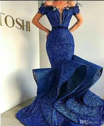 Luxury Sparkly Mermaid Prom Dresses 2020 Off Axel -paljetter Ruffles golvlängd lång formell kvällsfestklänningar Robe de soiree271e