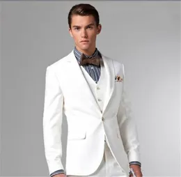 Classic Design White Groom Tuxedos Peak Lapel One Button Groomsmen Mens Bröllopsdrag Populära Man Blazer Passar (Jacka + Byxor + Vest + Tie) 721