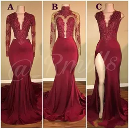 Prom Dresses 2020 Głębokie V Neck Syrenka Dark Czerwony Partii Split Party Dress Koronki Aplikacje Kryształowe Koraliki Długie Rękawy Plus Size Niestandardowe suknie wieczorowe