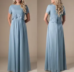 Himmelblå långa blygsamma brudtärna klänningar med korta ärmar spets topp a-line formell boho rustik religiös bröllopsfest klänning z43