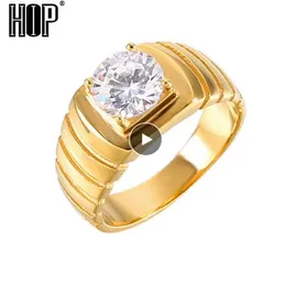 HIP Hop Bling Iced Out Cubic Zirconia Ring IP Gold Filled Titanium Stainless Steel Rings for Men Women Hiphop Rapper Jewelry