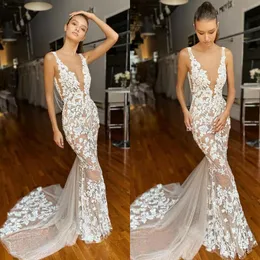 Berta 2020 Mermaid Suknie Ślubne Głębokie V Neck Koronki Appliqued Beach Boho Wedding Suknia Custom Made Bridal Dress Robe de Mariée