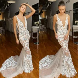 Berta 2020 Mermaid Gelinlik Derin V Boyun Dantel Aplike Plaj Boho Gelinlik Custom Made Gelin Elbise Robe de Mariée