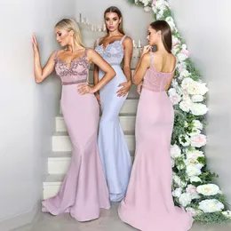 Boncuklu Mermaid Gelinlik Modelleri Spagetti sapanlar Boyun Dantel Hizmetçi Onur Abiye Sweep Tren Saten Wedding Guest Elbise çarpıcı