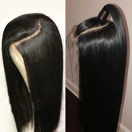 10A Qualitätssimulation Brasilianische Haarspitze Vorderperücken gerade vorgezogener Haaransatz Baby Haare lang 13x4 Synthetische Spitzenperücken für schwarze wome