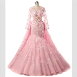 Eleganckie Różowe Koronki Syrenki Prom Dresses Niestandardowy Z Długim Rękawem Wieczór Zdejmowany pociąg Sheer Neck Party Suknie Robe de Mariée