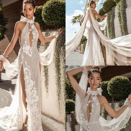 Elihav Sasson Mermaid Wedding Dresses Side Splits Halter 3D Floral Appliques Sexy Backless Beach Bridal Dress Sweep Train Wedding Gowns 4433