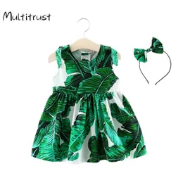 マルチクロスト新生生まれ赤ちゃん女の子服2020夏のドレスファッショングリーン葉綿のノースリーブのドレス+ヘッドウェア