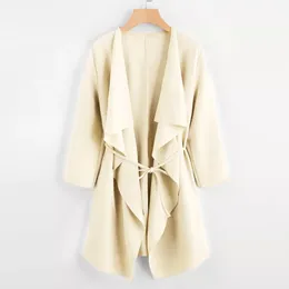 Woolen coat Women Casual Waterfall Collar Pocket Front Wrap Coat Jacket Outwear Long Loose Double-breasted Slim Type Woolen
