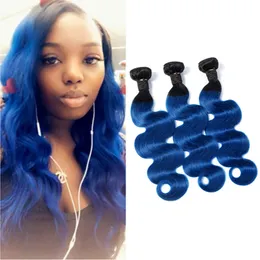 Indisches reines Haar, 3 Bündel, gewellt, 1B/blau, Ombré-Echthaarverlängerung, dreiteilig, 1B blau