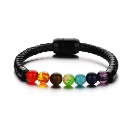 Mode Läder Lava Chakra Stenpärlor Essential Oljediffusor BraceletBracelet Svart Rostfria Armband Bangles för män Punk Smycken