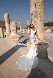 Modesto Pnina Tornai Abiti da sposa semplici a sirena Spaghetti senza maniche in pizzo Applique Abito da sposa Sweep Train robe de mariee243D