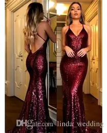 2019 Sequined Burgundy Prom Klänning Ny Ankomst Mermaid Lång Formell Holidays Wear Graduation Evening Party Gown Custom Gjorda Plus Storlek