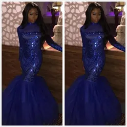 Royal Blue Sequined Mermaid Prom Klänningar 2020 Afrikanska Långärmade Tulle Golv Längd Tulle Formell Party Evening Gowns BC3444