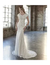 2019 Sequins Lace Mermaid Modest Wedding Dresses With Cap Sleeves V Neck Buttons Back Beaded Lace Appliques Women Modern LDS Bridal Gowns