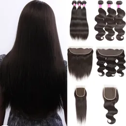 10A Brazilian Virgin Hair With Closure Extensions 3 Bundles Brazilian Body Wave Hair With Lace Frontal Unprocessed Straight Human Hair Weave