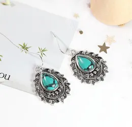 Hot Selling New Inlaid Turquoise Water Drop Pear Shape Earrings European and American Retro Thai Silver Earrings WY1308