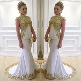 Muslim Arabic Evening Dress Long Mermaid 2019 High Neck Gold Embroidery Beads Cap Sleeves White Formal Prom Evening Gowns