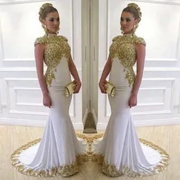 Muslim Arabic Evening Dress Long Mermaid 2019 High Neck Gold Embroidery Beads Cap Sleeves White Formal Prom Evening Gowns