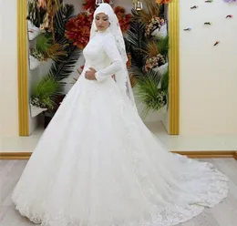 do vintage Muçulmanas casamento vestidos longos mangas de renda alta gola de renda Arábia Saudita vestidos de noiva Ruche do vestido de casamento Vestidos de novia 2019