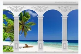 3D customized large photo mural wallpaper Roman Column Colonnade Beach Seascape Coconut Tree 3d TV Sofa Background Wall paper for walls 3d