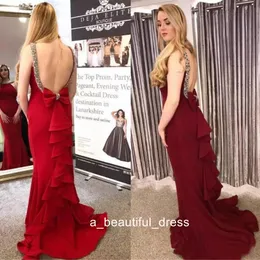 Sexy Open Back Vestidos De Festa with Bow Beaded Scoop Neck Sleeveless Prom Dresses Long Sweep Ruffles Mermaid Evening Gowns PD5569